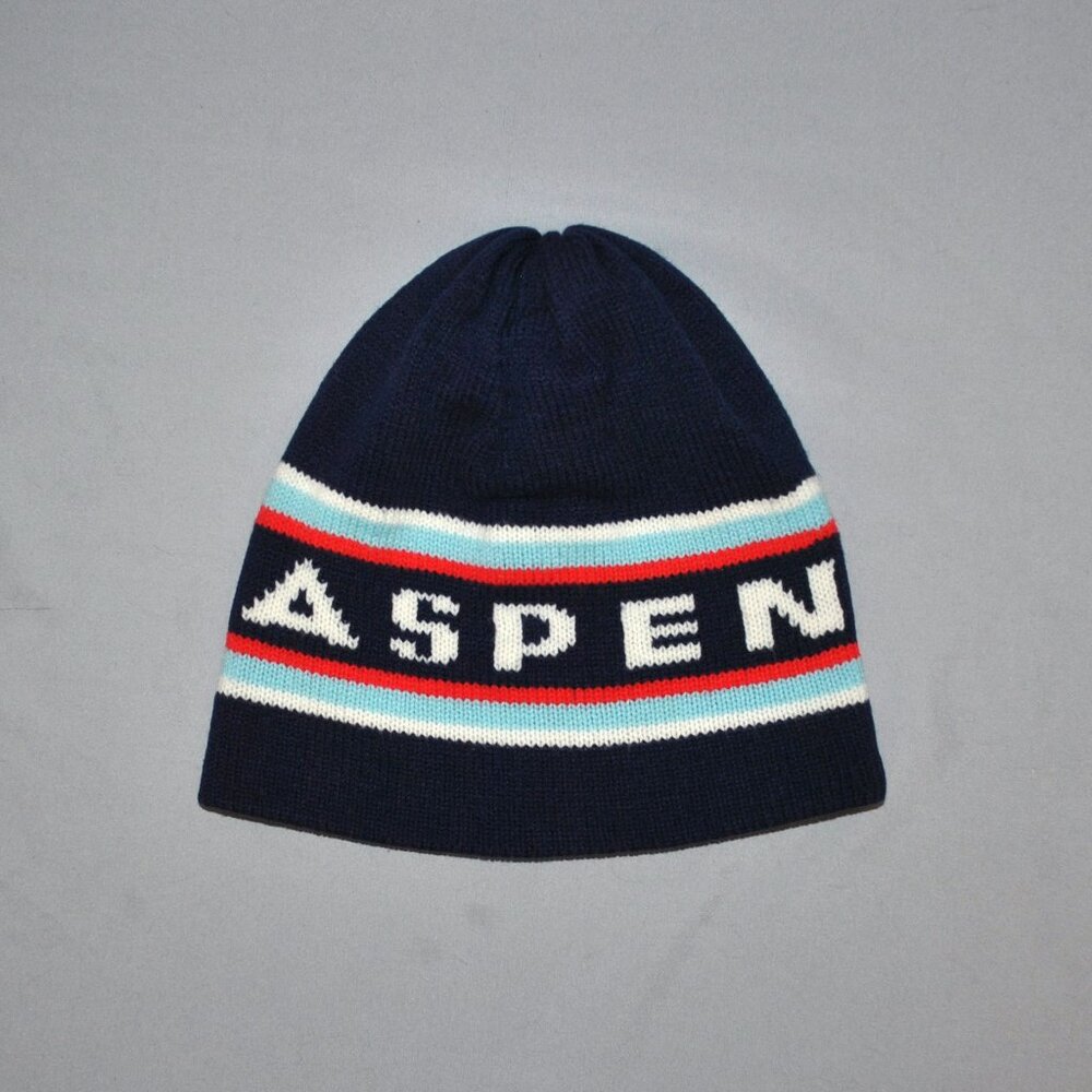 Vintage Aspen Beanie Winter Hat Retro Knit Logo Hat Blue, Red & White Stripes